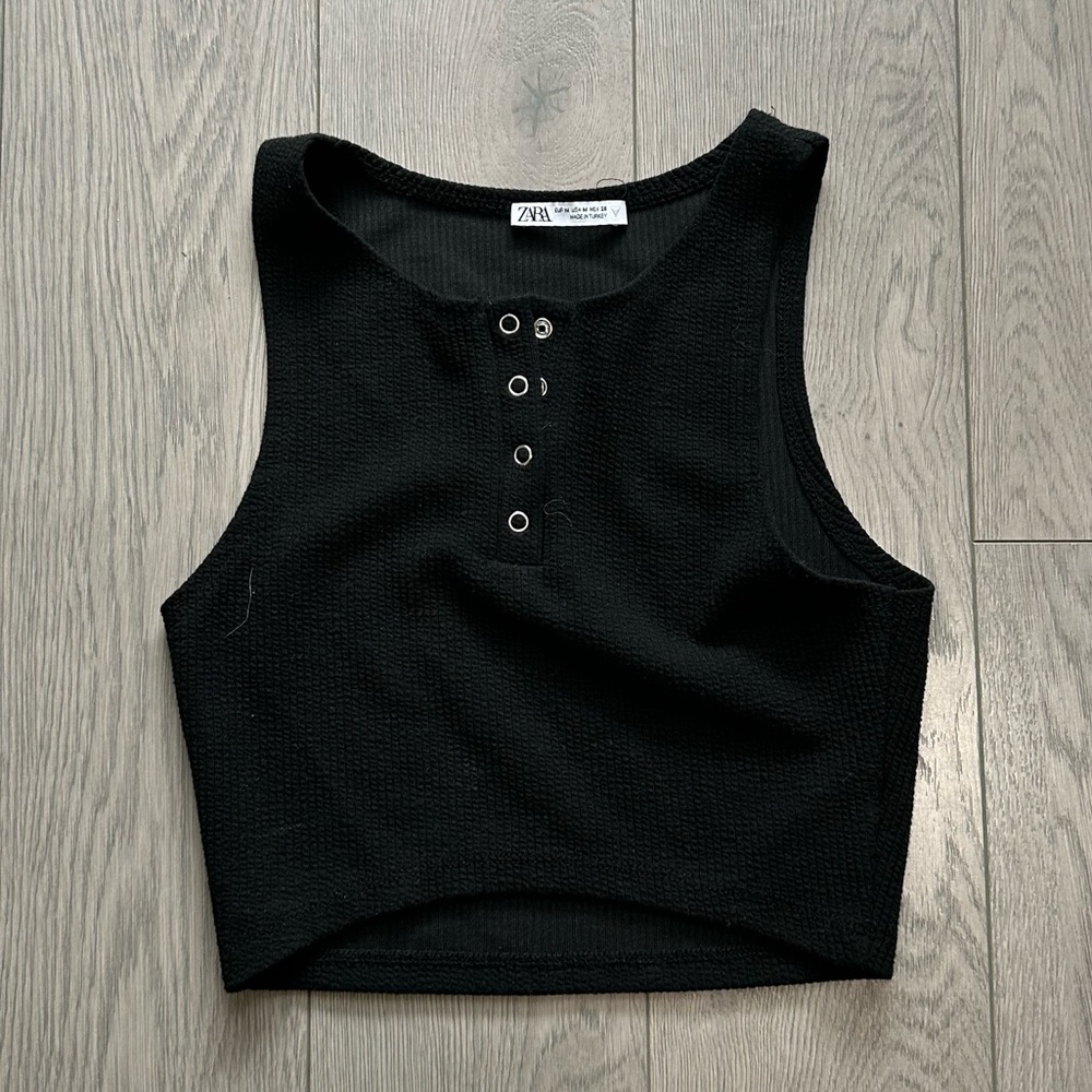 Zara Black Ribbed Cropped Tank with Grommet Detail